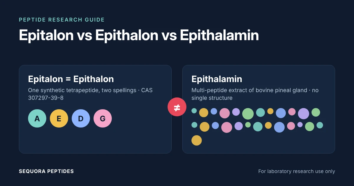 Diagram comparing epitalon and epithalon, the same Ala-Glu-Asp-Gly tetrapeptide, with epithalamin, a multi-peptide pineal extract