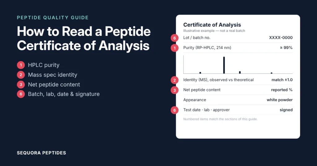 Annotated example of a peptide certificate of analysis showing HPLC purity, mass spec identity, net peptide content, and batch details