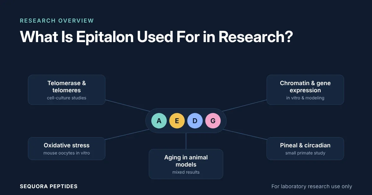 What is epitalon used for: diagram of the five research areas where epitalon (Ala-Glu-Asp-Gly) has been studied, including telomerase, gene expression, oxidative stress, pineal function, and animal aging models